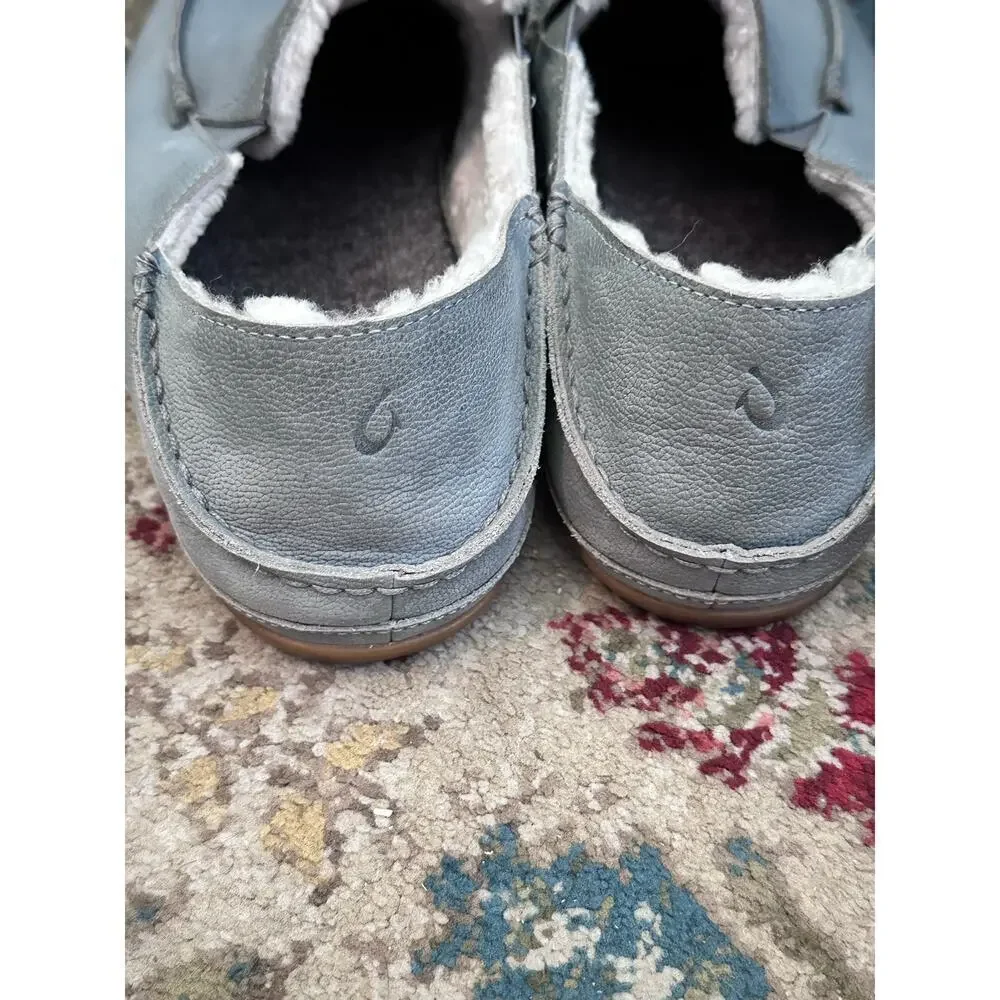Olukai Men's Gray Genuine Leather Shearling Moloa Slippers Loafer Shoes Size 14